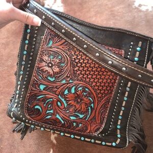 Brown and Turquoise Leather Handbag